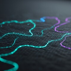 Abstract Teal Purple Data Flow on Dark Grid Background