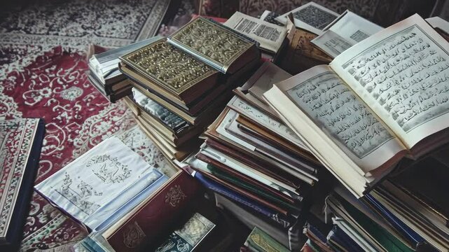 pile of old religious books and manuscripts laying on a rug, arabic script on pages