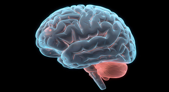 Stylized Brain Anatomy Side View with Gray Matter and Red Cerebellum on a Black Background