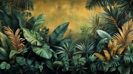Lush Tropical Leaves in Gold and Green on Textured Background