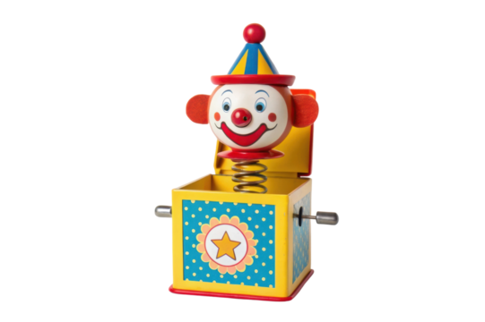 PNG Colorful clown jack-in-the-box toy with spring mechanism and star design - Powered by Adobe
