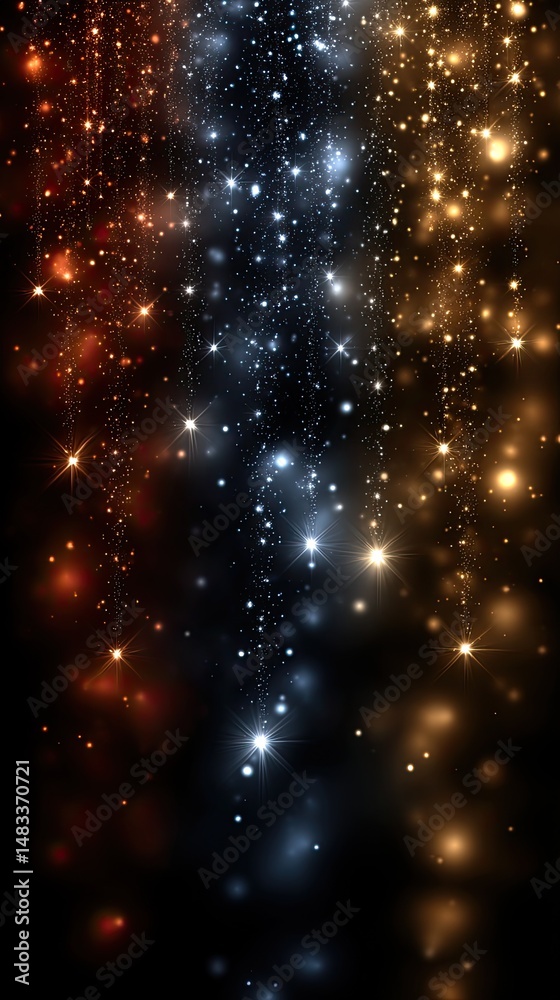 Poster dynamic display of light particles and blurred colors create a striking abstract background with a c