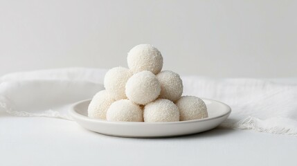 Fototapeta premium Stacked coconut truffles on a plate against a light background.