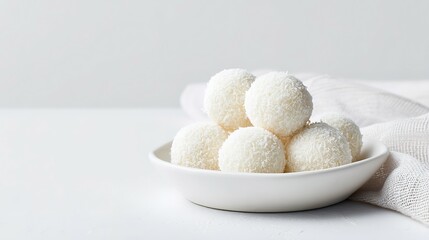 Stacked coconut truffles in a white bowl.