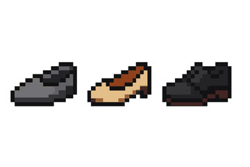 Pixel art shoes collection: loafers, oxfords, and dress shoes in gray, beige, and black colored vector illustration