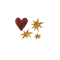 Watercolor illustrated design elements red hearts and yellow stars, set of watercolor elements, heart and stars hand drawn in simple technique