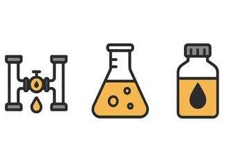 Industrial icons: oil pipe, laboratory flask, and chemical bottle symbols colored vector illustration
