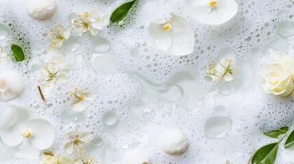 Flat lay of white flowers and bubbles on a white background. the flowers are arranged in a scattered manner, with some overlapping each other.