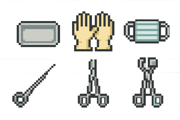 Pixel art medical tools and protective gear set in retro style colored vector illustration