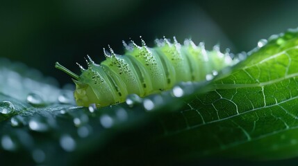 Fototapeta premium Close-up of a green caterpillar on a leaf. the caterpillar is covered in small droplets of water droplets, giving it a shiny appearance.