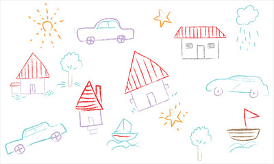 Kid car, boat and house crayon pattern.Hand drawn cartoon doodle kid's illustration .