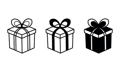 Gift box icon set in black and white, minimalist vector of presents with ribbon bows