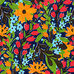 Seamless pattern with  flowers. Gouache drawing.  Hand-drawn illustration.