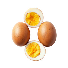 A group of three potatoes with a half eaten egg in the middle