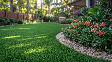 Obraz premium Lush green lawn edges a garden with flowers and pebble border