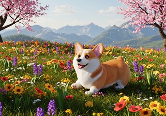 Corgi in Springtime Meadow: 3D Render, Vibrant Colors