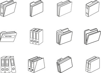 Twelve line art isometric style file folder icons present a clean, professional look