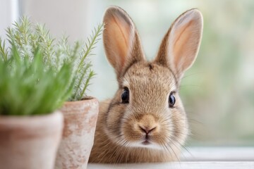Obraz premium Adorable brown bunny peeking out from behind potted plants