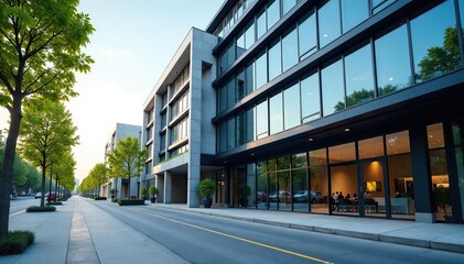 Modern office building exterior, showcasing sleek architecture and glass facade , elegant, modern, business building