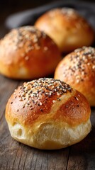 Close-up view of whole grain bread with chia seeds on a wooden table highlights its detailed texture and warm tones in natural light