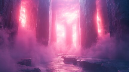 Fototapeta premium A vibrant, ethereal, glowing passageway through a rocky landscape.