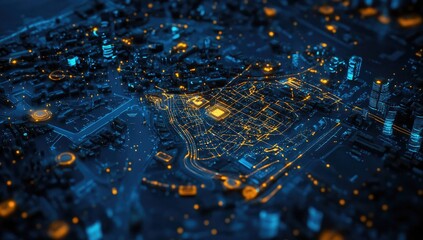 Cityscape as a complex circuit board, showing urban infrastructure overlaid with luminous connections