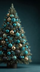 Elegant Christmas tree adorned with blue and gold ornaments in a cozy indoor setting during the holiday season