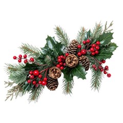 Christmas decor with pine cones and holly on white background