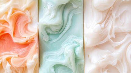 Close-up of three rectangular soap bars. the soap bars are arranged in a diagonal line, with the left bar on the left being orange, the middle one being light green, and the right one being white.