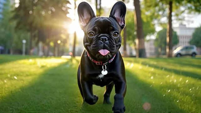 French bulldog running across green grass in sunny park, playful frenchie with flopping ears and tongue, concept of pet fitness, urban dog lifestyle