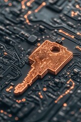 Golden key glowing over dark electronic circuit board. Represents cybersecurity awareness. Data protection concept for secure online activity.