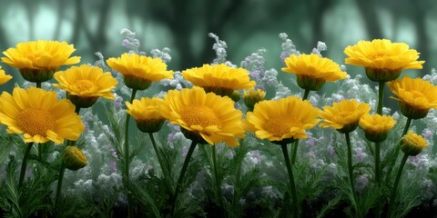 Obraz premium Colorful yellow flowers bloom in a serene environment surrounded by soft greenery and misty backgrounds