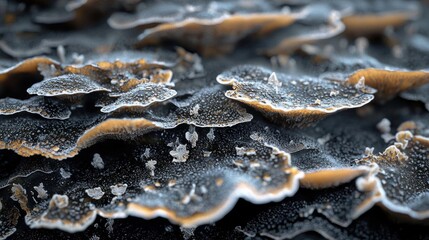 Close-up of a group of mushrooms. the mushrooms are arranged in a scattered manner, with some overlapping each other.