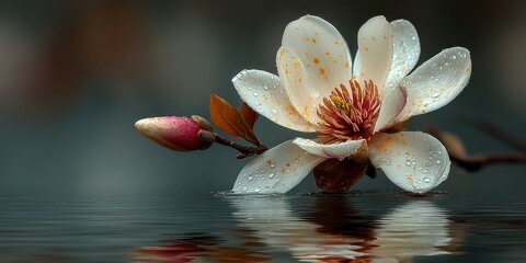 Beautiful magnolia flower floating on tranquil water surface with droplets in early morning light