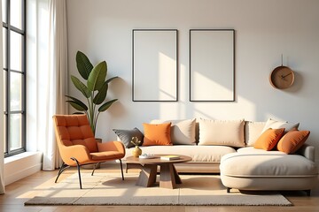 Stylish Living Room Interior with Orange Accent Chair and Artwork Mockups - Modern Home Decor                                                         