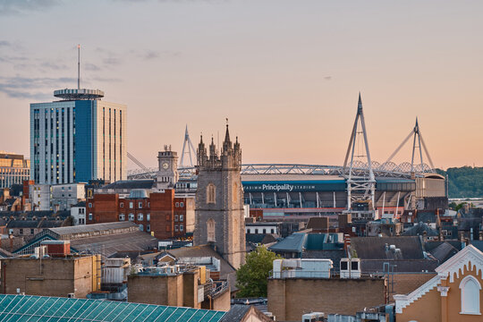 Cardiff, South Glamorgan, Wales, Europe - May 08, 2025: Cityscape over Queen Street towards the Principality Stadium and BT Stadium House