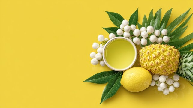 Vibrant flat design food blog header featuring fresh fruits and ingredients yellow background digital illustration