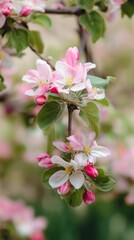 Obraz premium Spring apple blossoms in bloom on branches, showcasing delicate pink and white flowers against a soft green backdrop