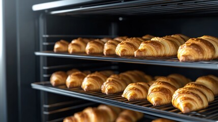 Golden Croissants Cooling on Baking Racks