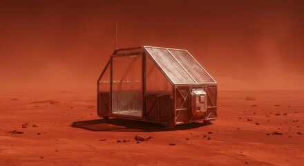 A futuristic habitat structure on a desolate red planet landscape with a hazy sky