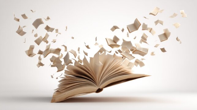Open book with pages flying away