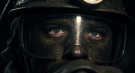 Fototapeta premium Close-up of Coal Miner's Face with Helmet