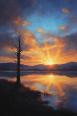 Fototapeta premium Blurred sunset over tranquil waterscape abstract background