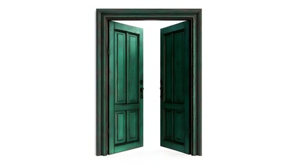 Open green double door isolated on white background 