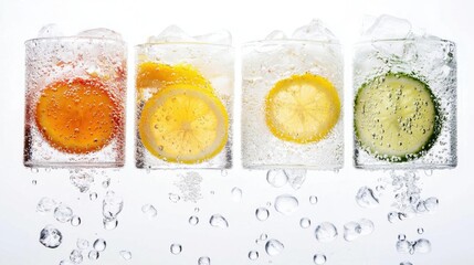 Three glasses of water with ice cubes. each glass is filled with a different type of drink - orange, lemon, and cucumber.