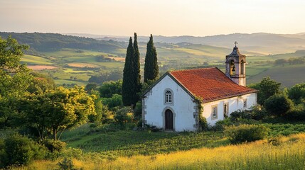 Fototapeta premium Tranquil chapel nestled in rolling hills