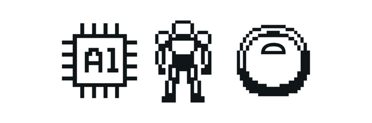 Fototapeta premium Pixel art icons: microchip, robot, and retro game character design vector icon isolated