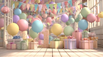 Pastel-colored birthday party scene with balloons, banners, and gifts
