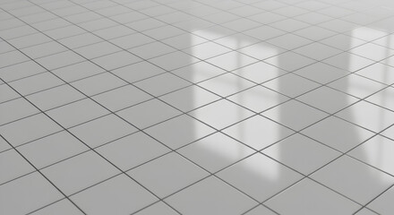 Close Up View of a White Tiled Floor with Diamond Pattern and Grout Forming a Geometric Grid with Shiny Reflection
