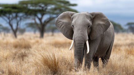Fototapeta premium Elephant gracefully moves through tall grasses in the savannah, trunk raised and ears flapping in a serene environment